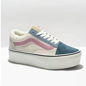 Vans Old Skool Stackform Low Top Blue & Pink Pastel Sherpa Platform Skater Shoes